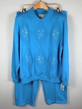 Alfred Dunner 1X Aqua Marine Matching Set Quilted Embroidered Sweatshirt Pants